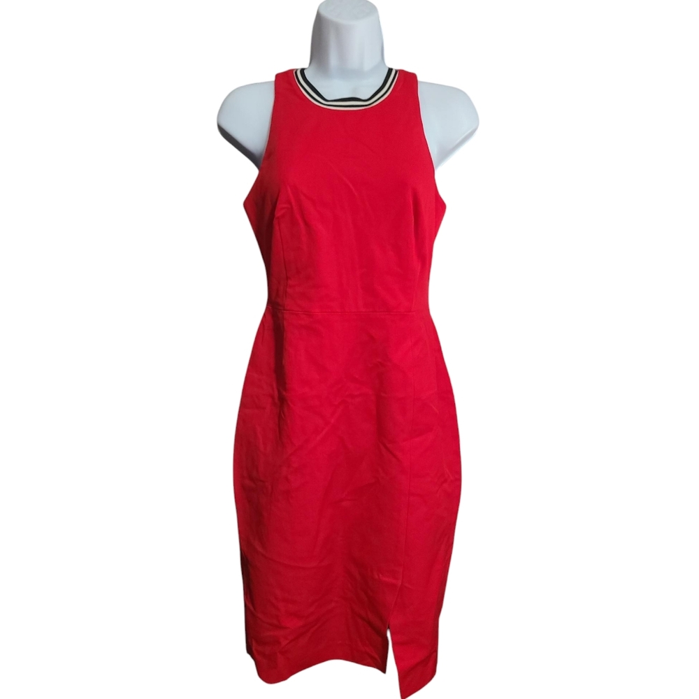Red Sleeveless Sheath Dress with Contrast Neckline